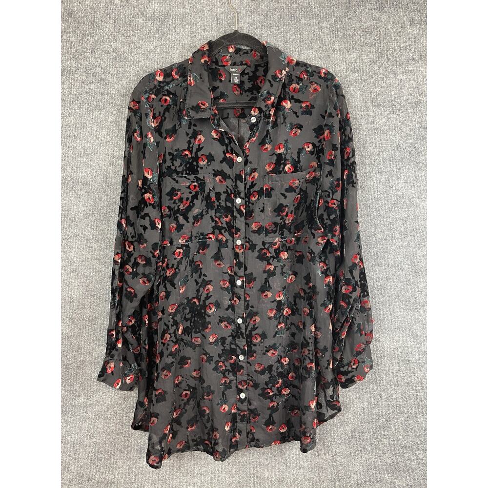 Intro Women's 2X Button Down Shirt Black Burnout Red Floral Velvet